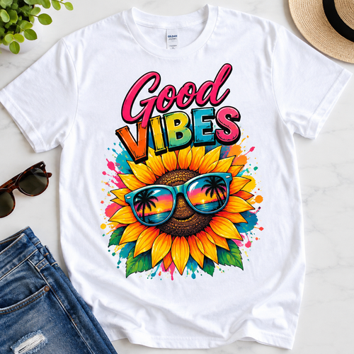 Vibrant Good Vibes sunflower DTF print on a white t-shirt